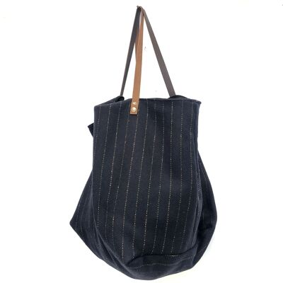 Black and beige striped wool tote bag