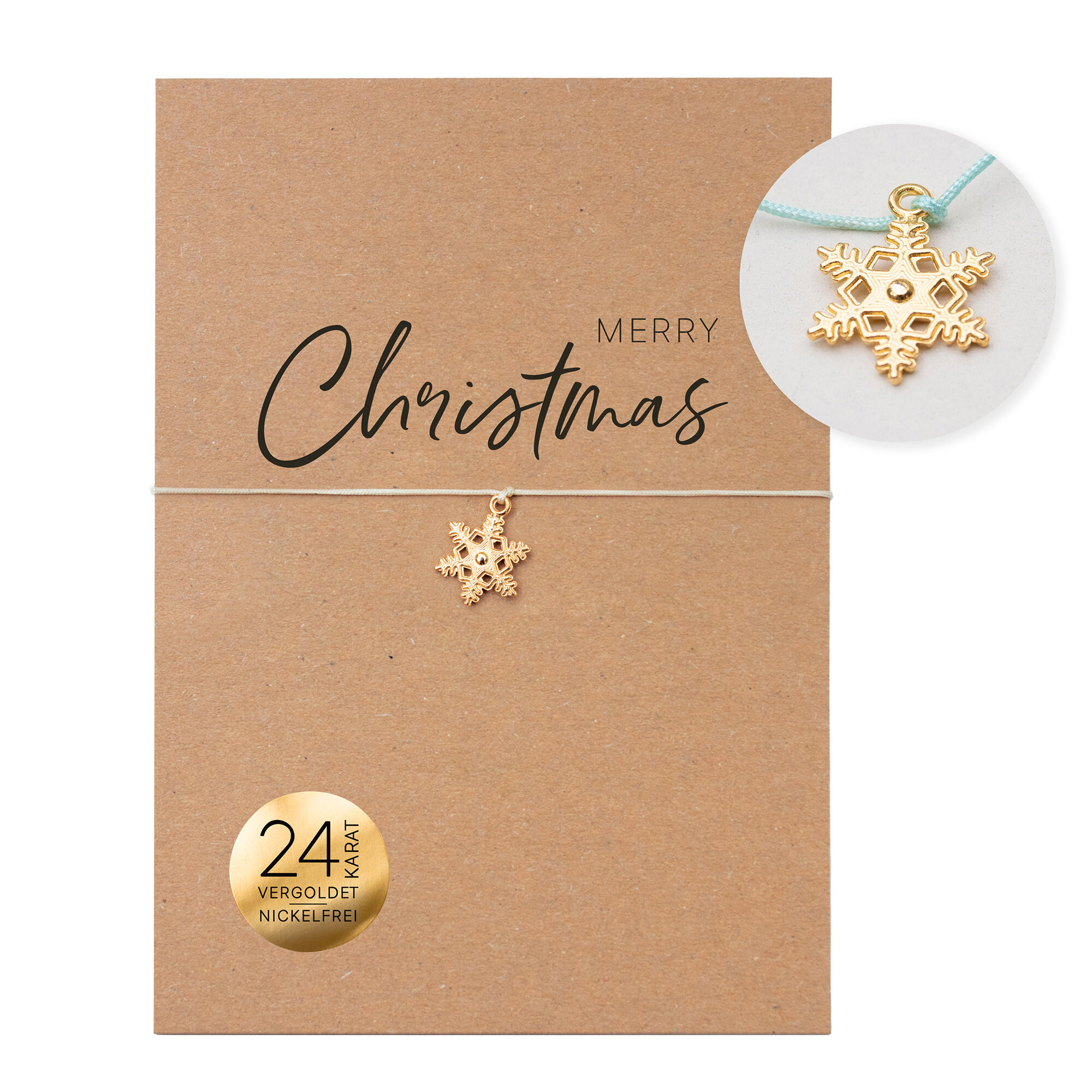 Bracelet sur carte - Pendentif flocon de neige « Joyeux Noël » plaqué or 24 carats - Carte recyclée DIN A6