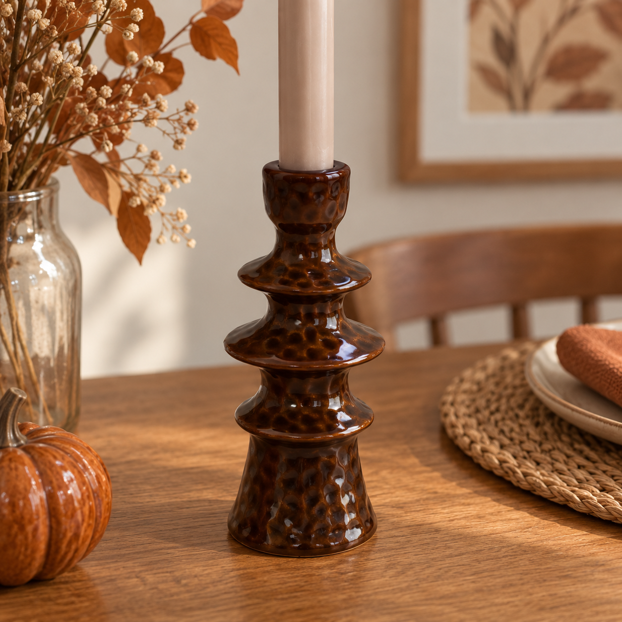 Candle Stick Stoneware Brown 8x8x19cm