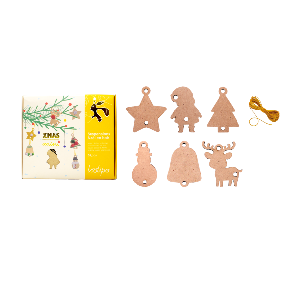 PETITES SUSPENSIONS DE NOËL EN BOIS 6 CM + FICELLE DORÉES - XMAS MINI