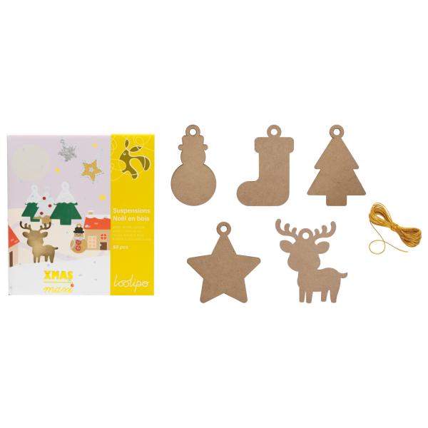 SUSPENSIONS DE NOËL EN BOIS 14 CM + FICELLE DORÉE - XMAS MAXI