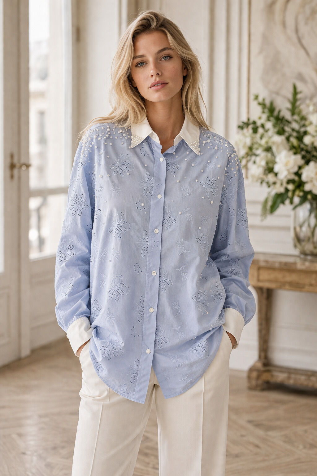 Chemise ample brodée à col perlé 58107