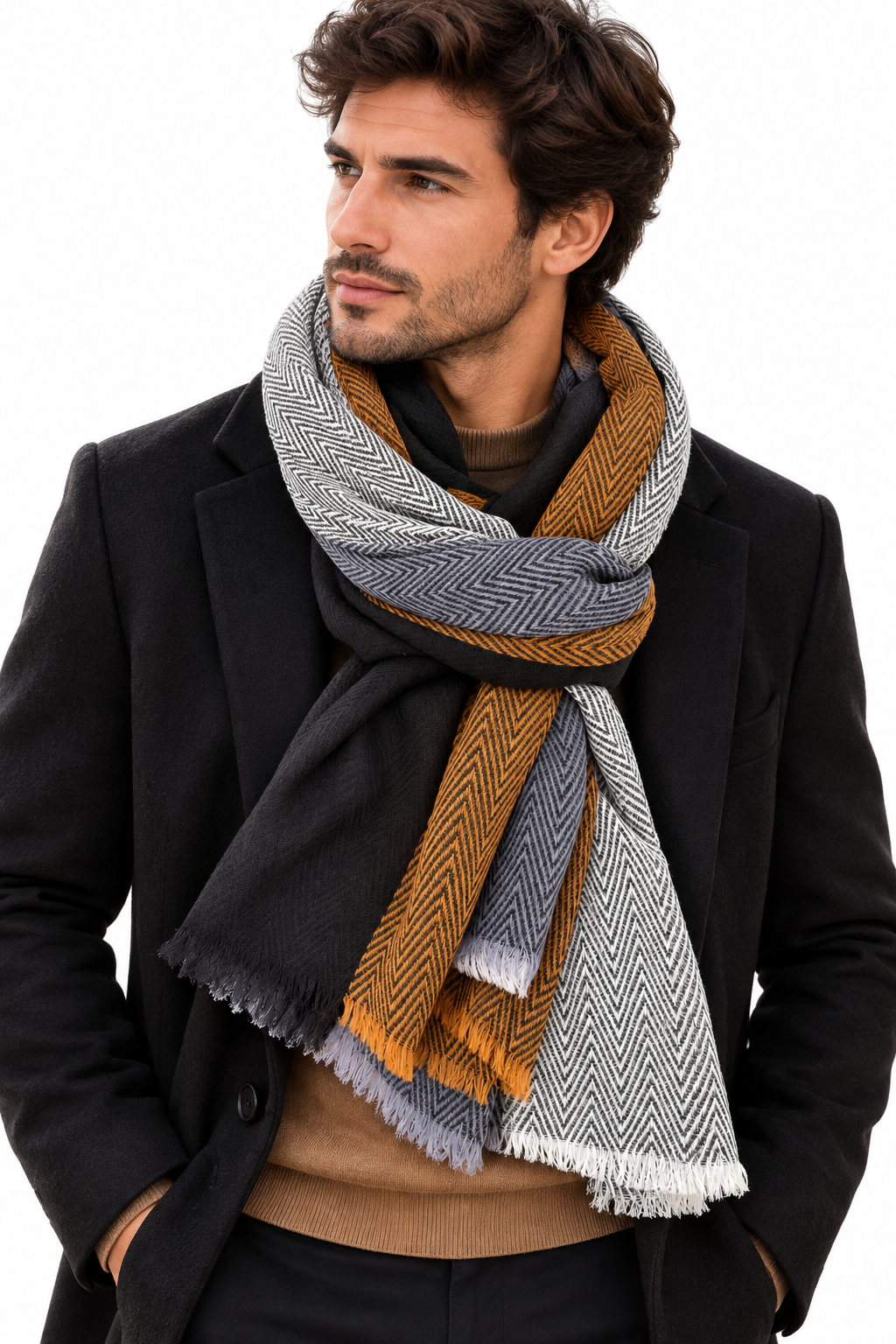 Écharpe Homme 100% Laine – Tissage Chevron – 70 × 180 cm