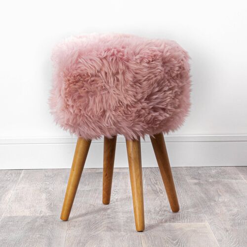 Blush Pink Sheepskin Wood Stool - Woodstain