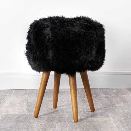 Black Sheepskin Wood Stool - Woodstain