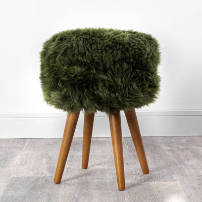 Olive Green Sheepskin Wood Stool - Woodstain