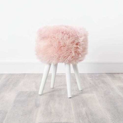 Blush Pink Sheepskin Wood Stool - White