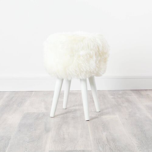 Natural White Sheepskin Wood Stool - White