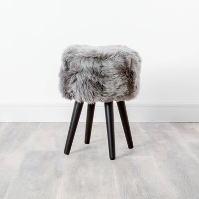 Grey Sheepskin Wood Stool - Black