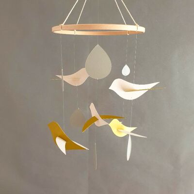 Mobile bébé 5 Oiseaux crème et or Gouttes argentées 20x45cm