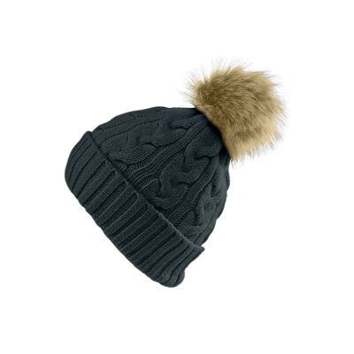 Cappello lavorato a maglia per donna con pompon in pelliccia sintetica e fodera (set) -Colore: 990 - nero