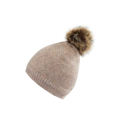 Gorro de punto de mujer con aspecto jaspeado y pompón de pelo sintético