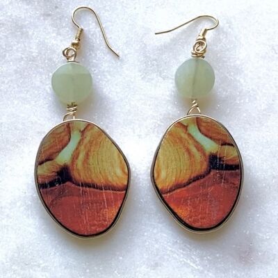 Jade and Orange Wood Gold Earrings