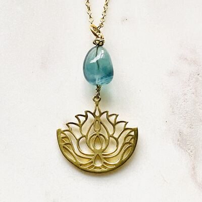 Fluorite (Green) Lotus Flower Brass Necklace