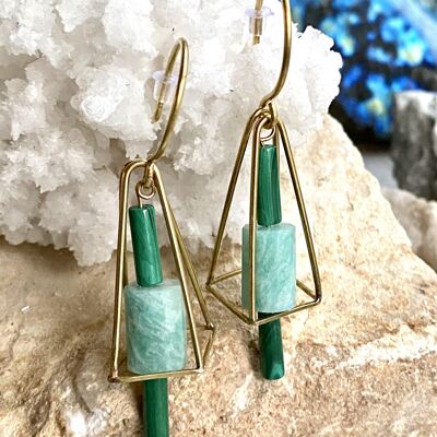 Malachite and Amazonite Brass Earrings