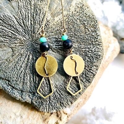 Chrysoprase and Black Agate Brass Earrings