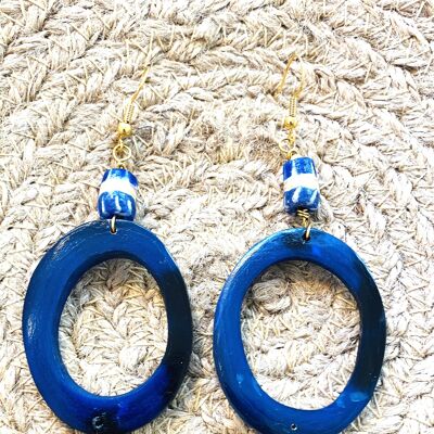 Blue recycled Glass and Horn Gold Earrings