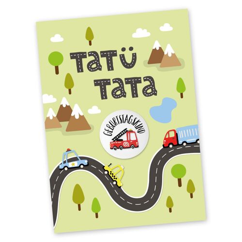 Postkarte mit Button | Tatü Tata  zum Verschicken und Verschenken | Design Feuerwehr | 35mm Button bedruckt mit Geburtstagskind