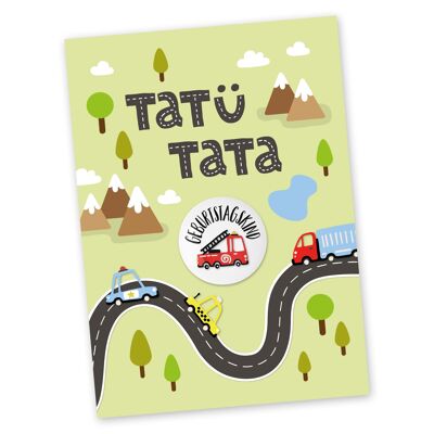 Postal con botón | Tatü Tata por enviar y regalar | Diseño del departamento de bomberos | Botón de 35 mm impreso con niño de cumpleaños