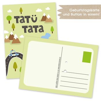 Carte postale avec bouton | Tatü Tata à envoyer et à offrir | Conception du service d'incendie | Bouton 35mm imprimé avec anniversaire enfant 2