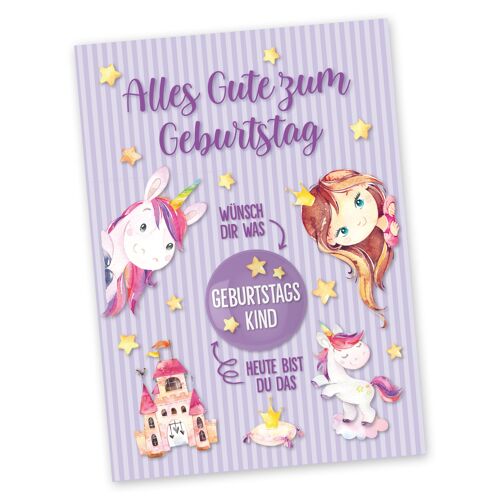 Postkarte mit Button | Alles Gute zum Geburtstag zum Verschicken und Verschenken | Design Einhorn & Prinzessin | 35mm Button bedruckt mit Geburtstagskind