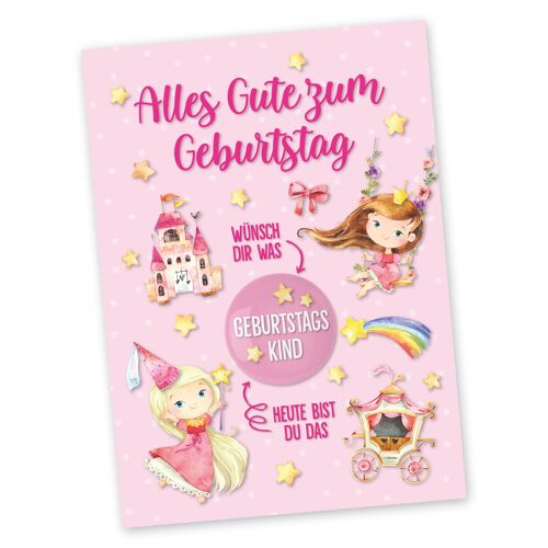Postkarte mit Button | Alles Gute zum Geburtstag zum Verschicken und Verschenken | Design Prinzessin | 35mm Button bedruckt mit Geburtstagskind