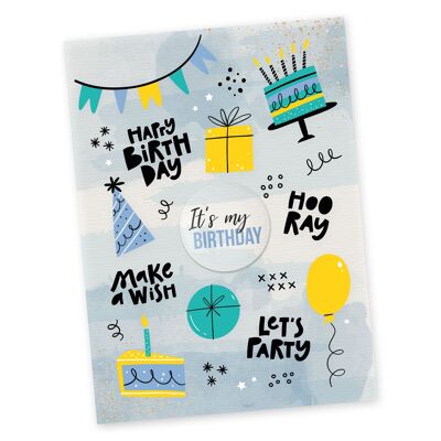 Cartolina con bottone | Buon compleanno da inviare e regalare | Festa di design | Bottone da 35 mm stampato con It's my Birthday