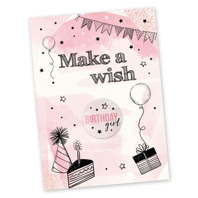 Postal con botón | Pide un deseo para enviar y regalar | Diseño rosa | Botón de 35 mm impreso con cumpleañera