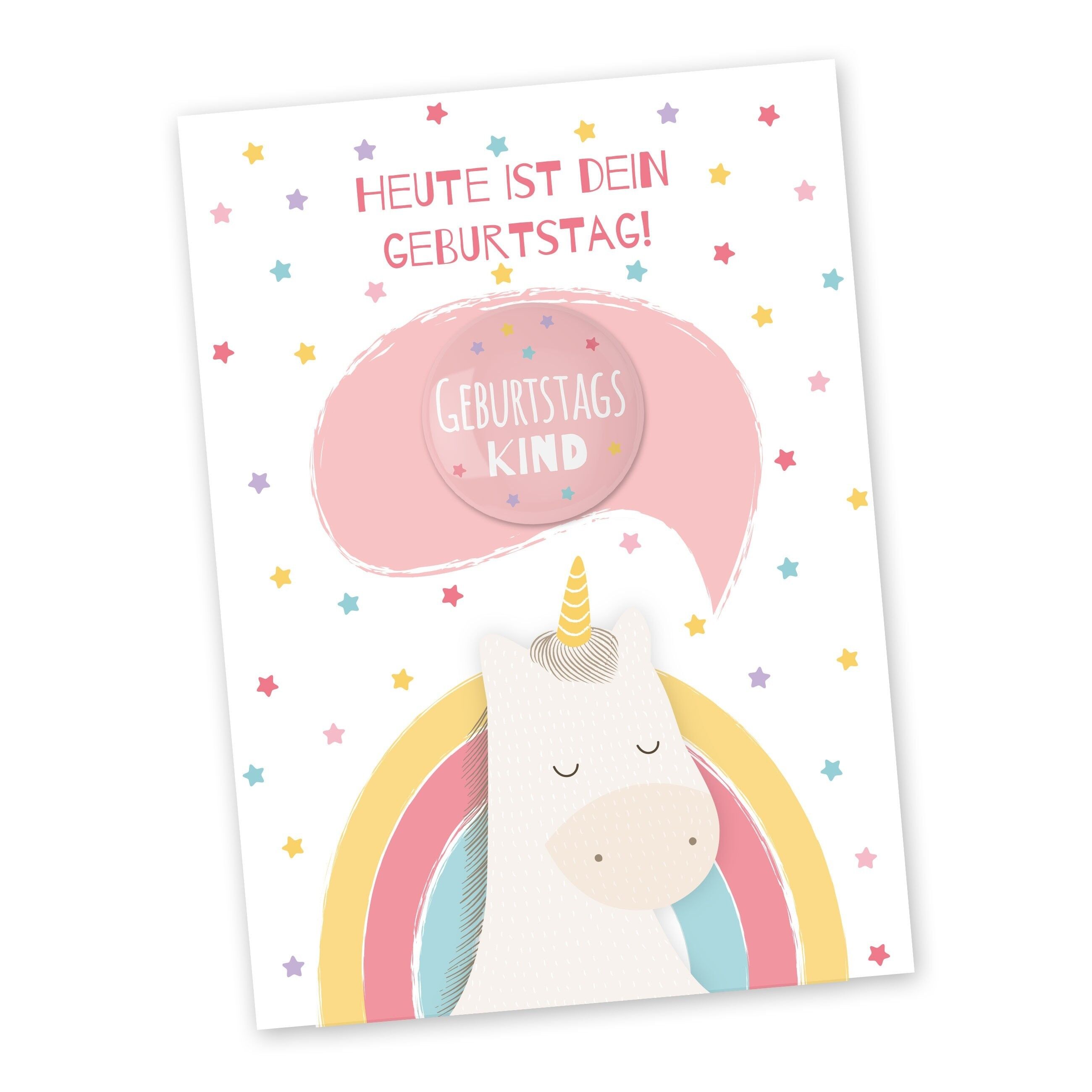 Carte postale avec bouton | Aujourd'hui est votre anniversaire à envoyer et à offrir | Licorne de conception | Bouton 35mm imprimé avec anniversaire enfant