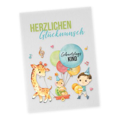 Carte postale avec bouton | Félicitations pour l'envoi et le don | Conception de girafe | Bouton 35mm imprimé avec anniversaire enfant