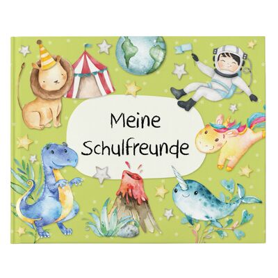 Hochwertiges Freundebuch für Kinder - Schulfreunde - Grün - Poesiealbum mit Dinos, Rittern, Astronauten - für 27 Freunde - buntes kindgerechtes Design