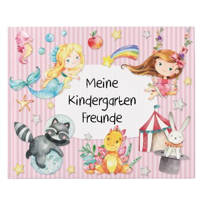 Hochwertiges Freundebuch für Kinder - Kindergartenfreunde - Rosa - Poesiealbum mit Meerjungfrau, Prinzessin & Dinos - für 27 Freunde - buntes kindgerechtes Design