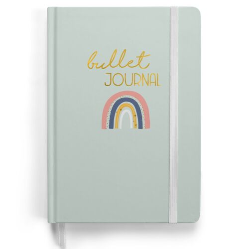 Premium Bullet Journal Starter Set - (Regenbogen) - Notizbuch A5 gepunktet | 192 Seiten dickes 120g/m² dotted Papier | mit Punkteraster, Gummiband, Stifthalter, Dreieckstasche, Anleitung