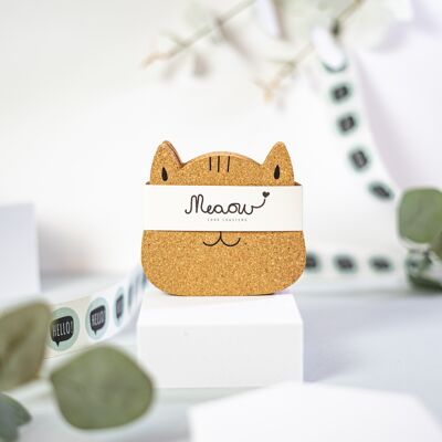 Meaow Cute Cats - No Box - Round Cork Coasters - Set of 6 - Eco-Friendly Coaster Set
