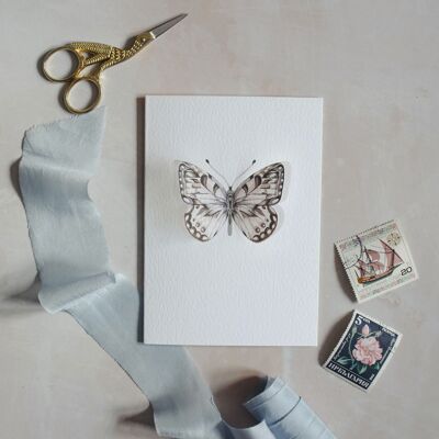 Tarjeta de felicitación de acuarela con mariposa blanca jaspeada