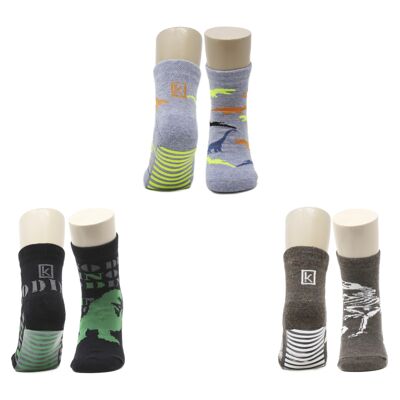 Dino Anti-Rutsch-Socken aus gekämmter Baumwolle für Kinder (3 Paar) - Graublau, Schwarz, Kaffee