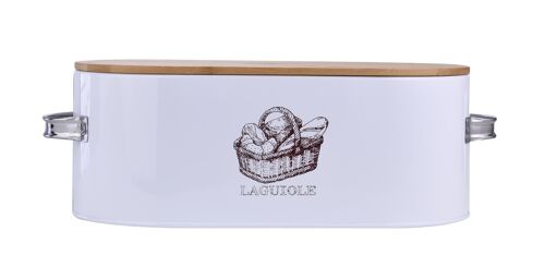 Huche à pain en métal blanc et couvercle en bambou