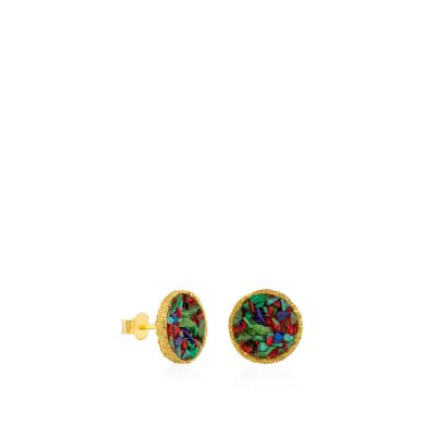 Large gold rainbow stud earrings with multicolored mother of pearl