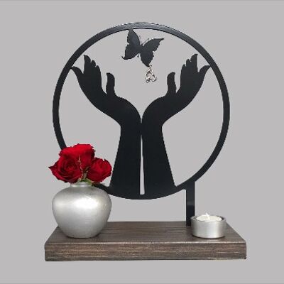 Commemorative statue hands butterfly – plinth wood - Anthracite Anthracite/Black RAL 7021