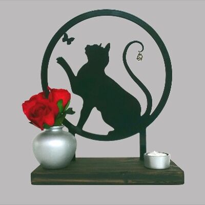 Memorial cat playful with butterfly - Anthracite Bronze coating