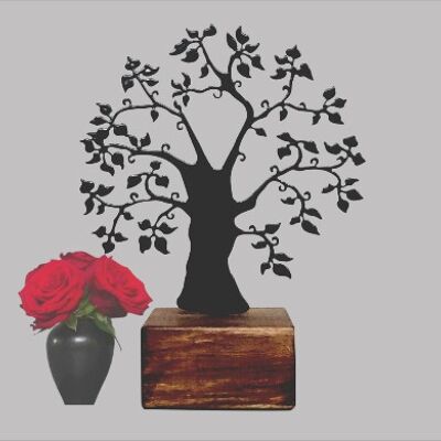 Urn with tree of life - steel in wooden base (0.015L) - Anthracite/Black RAL 7021 Anthracite
