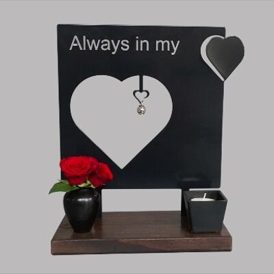 Heart urn – coated steel in wooden base (0.020L) - Anthracite Anthracite/Black RAL 7021