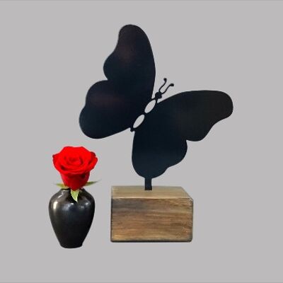 Urn with butterfly - coated steel in wooden base (0.015L) - Anthracite/Black RAL 7021 Anthracite