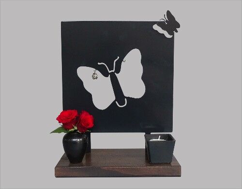 Gedenk beeld vlinder – staal 28cm – houten sokkel - Antraciet Antraciet/Zwart RAL 7021