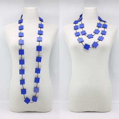 Recycled Wood Square Beaded Necklace - Long - Cobalt Blue