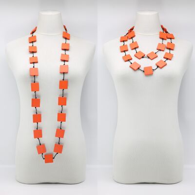 Recycled Wood Square Beaded Necklace - Long - Orange