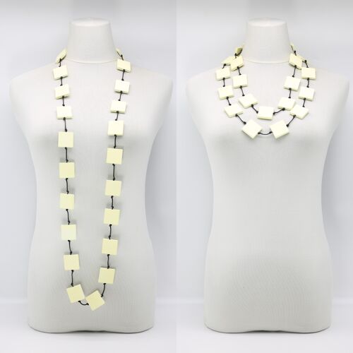 Recycled Wood Square Beaded Necklace - Long - Cream