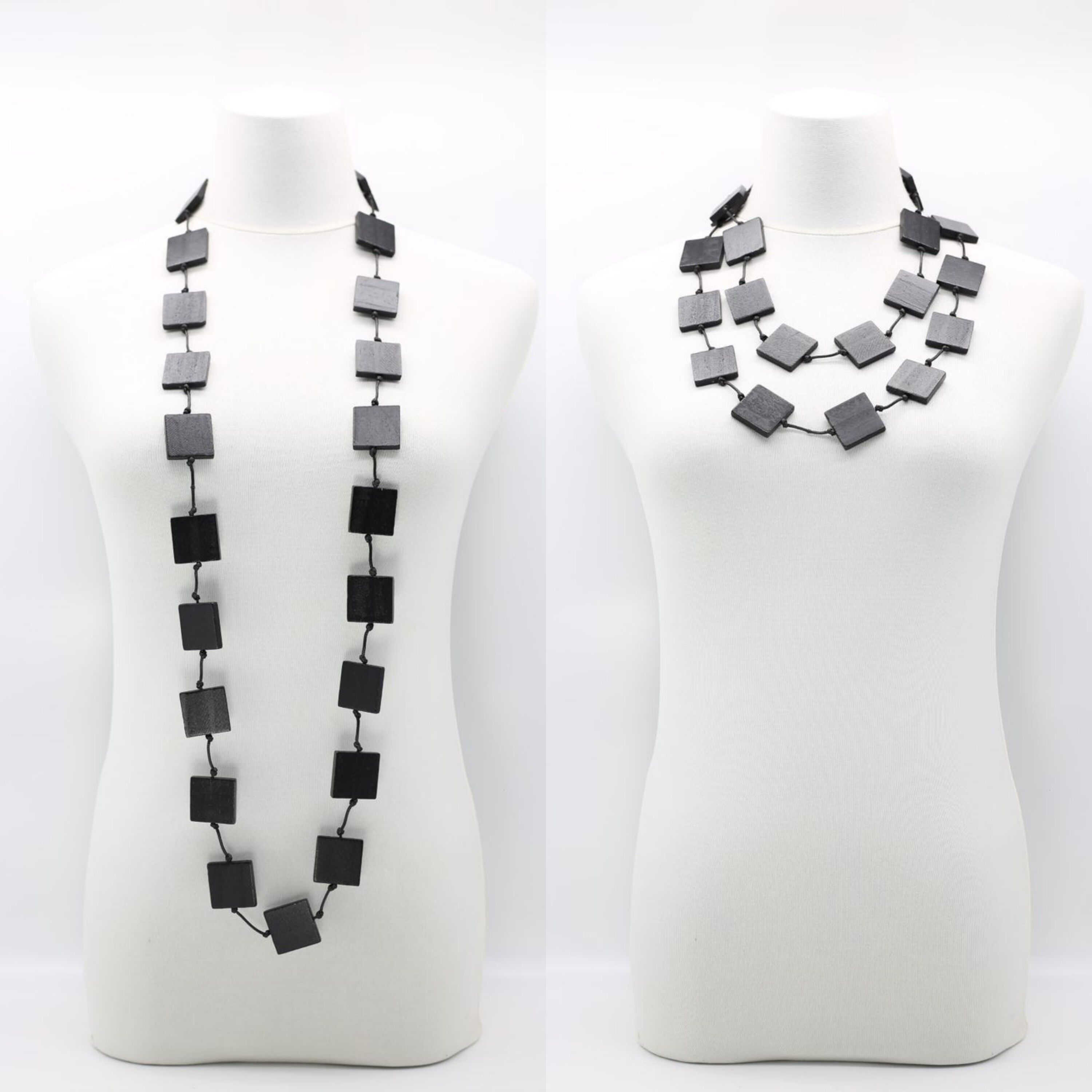 Quadratische Perlenkette aus recyceltem Holz - Lang - Schwarz