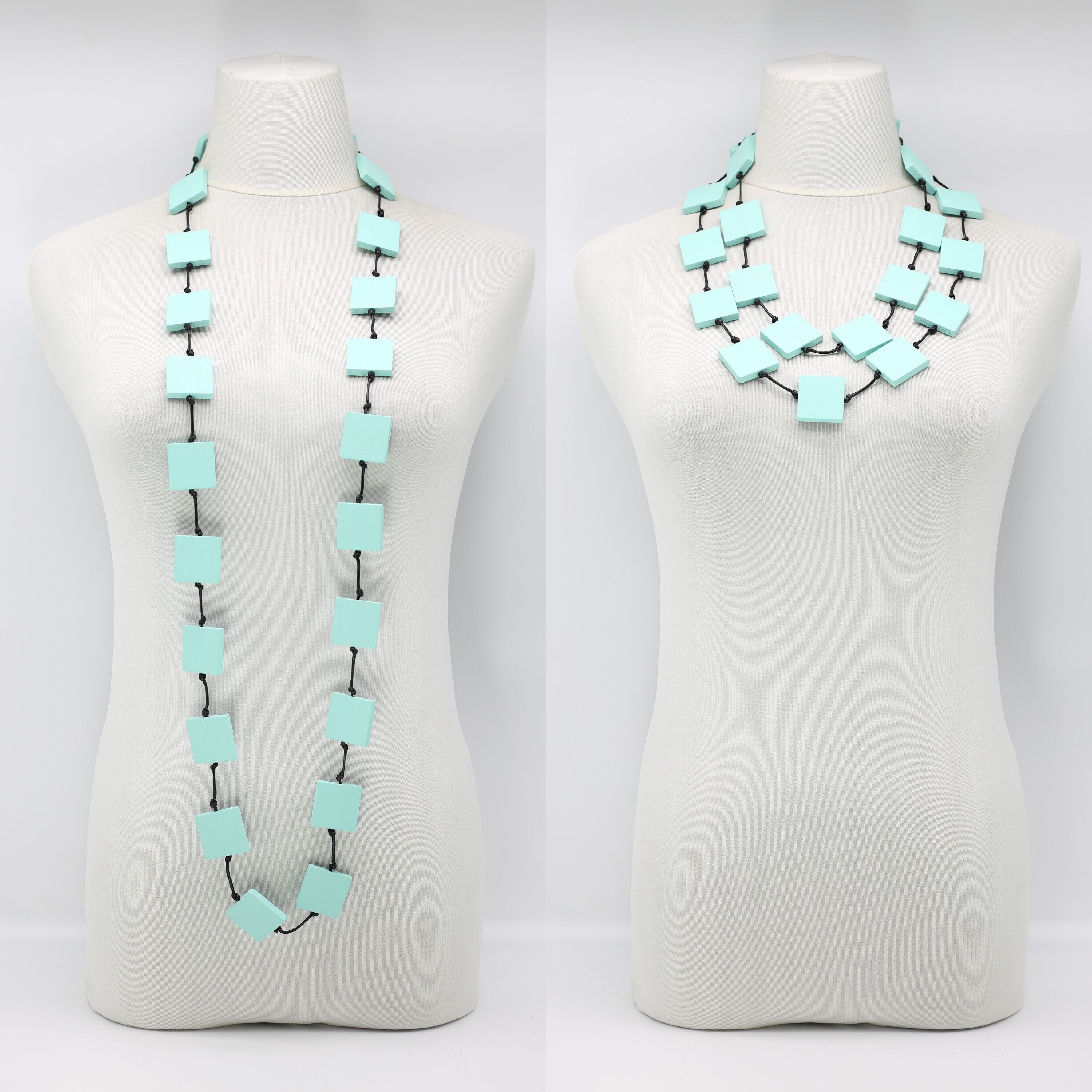 Quadratische Perlenkette aus recyceltem Holz - lang - Türkis