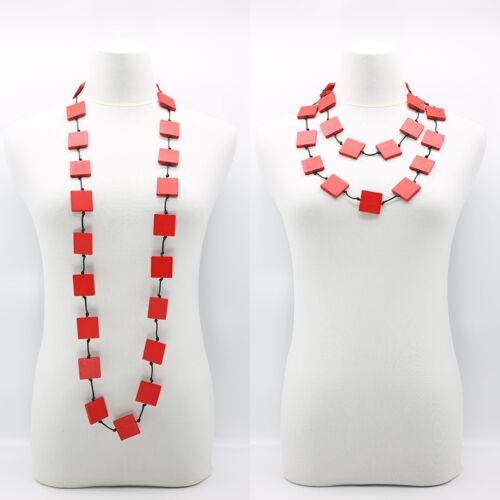 Recycled Wood Square Beaded Necklace - Long - Red